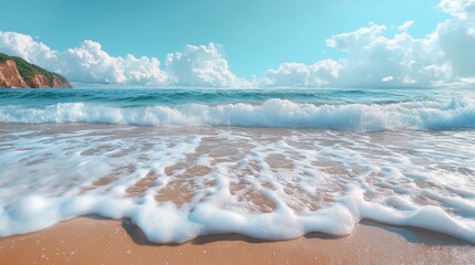 white clear ocean waves breaking over white clean turquoise emerald color water and sandy white sea beach in the evening sunset.
