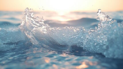 white clear ocean waves breaking over white clean turquoise emerald color water and sandy white sea beach in the evening sunset.

