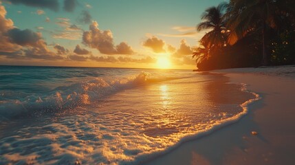 white clear ocean waves breaking over white clean turquoise emerald color water and sandy white sea beach in the evening sunset.
