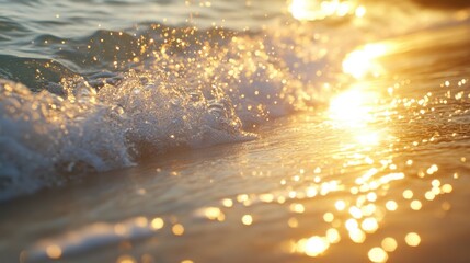 white clear ocean waves breaking over white clean turquoise emerald color water and sandy white sea beach in the evening sunset.
