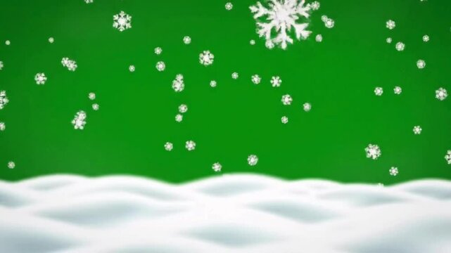 Large and small snowflakes falling on wavy and piled snow surface, green background. Ideal for use as a background or overlay.