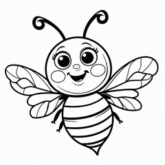 Cute black and white bee illustration.  A cheerful, cartoon bee with large eyes, rosy cheeks, and a smile.  Striped body and detailed wings.  Perfect for coloring