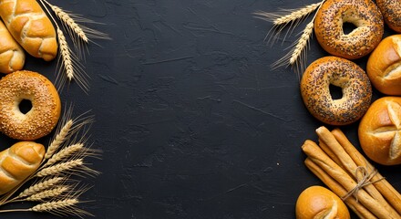 Bakery Background: Assorted Bread, Bagels, and Wheat on Dark Surface - Rustic Food Frame for Menu or Recipe Template
