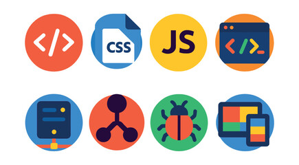 Fototapeta premium Flat vector icons of web development tools in circular style: HTML tag, CSS file, JavaScript symbol, code editor, server icon, git commit, bug report, responsive layout.