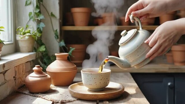 A hand pours hot tea from a teapot into a rustic cup on a wooden table near a sunny window.