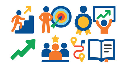 Flat vector icons of professional growth: career ladder, personal goals, certification badge, promotion icon, growth arrow, leadership training, success path, learning journal.