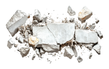 Breaking concrete blocks in industrial setting construction site debris close-up view cut out on transparent background