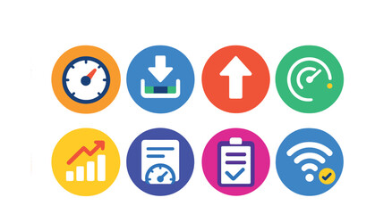 Fototapeta premium Flat vector icons of internet speed diagnostics in circular style: speedometer icon, download speed test, upload speed test, latency ping, jitter meter, test history, speed result, signal check.