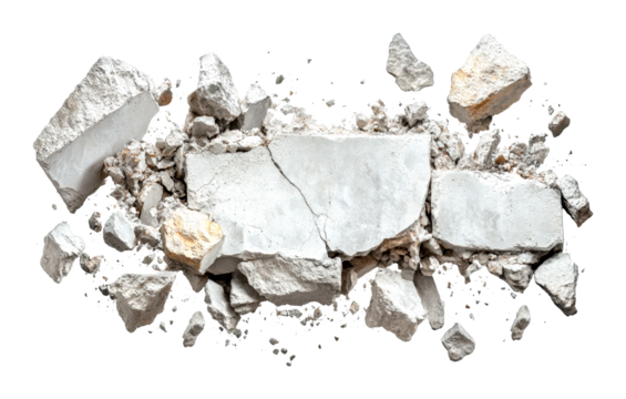 Breaking concrete blocks in industrial setting construction site debris close-up view cut out on transparent background
