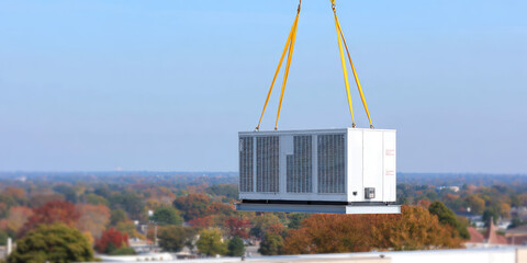 A large air conditioning unit is being lifted by yellow straps over a suburban area with trees and houses. Construction and installation process