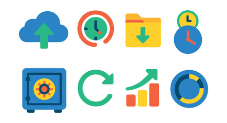 Flat vector icons of data backup systems: cloud backup, restore point, backup folder, scheduled backup, secure vault, restore icon, incremental backup, backup progress.