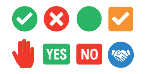 Flat vector icons of confirmation buttons: checkmark button, cancel cross, confirm circle, accept square, decline hand, yes button, no button, agree icon.