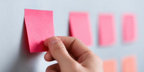 A hand places a pink sticky note on a wall among several others in an orderly arrangement. Organization, planning, office tool