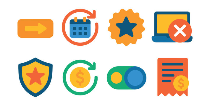 Flat vector icons of digital subscription tools: subscribe icon, renew plan, trial badge, cancel subscription, premium access, billing cycle, auto-renew toggle, payment receipt.