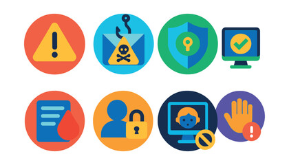 Flat vector icons of online safety in circular style: scam alert, phishing warning, privacy shield, safe browsing, data leak alert, identity protection, child filter, report abuse.