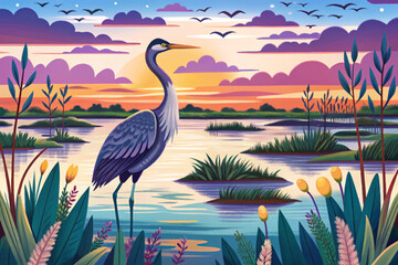 Vector illustration of a peaceful marshland at dawn with a migrating bird ideal for nature scenes, wildlife themes, and seasonal ecological designs