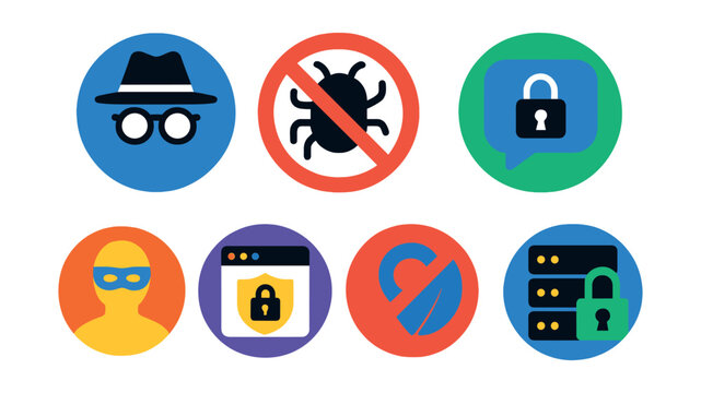 Flat vector icons of online privacy tools in circular style: incognito mode, tracking blocker, cookie settings, encrypted chat, anonymous ID, browser privacy, location blocker, private server.