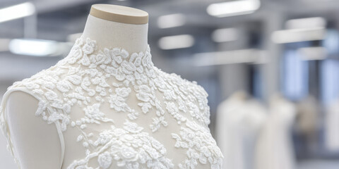 A dress mannequin displays a lace wedding dress in a bright room. Bridal fashion design