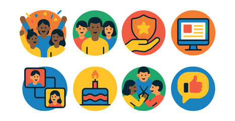 Flat vector icons of company culture visuals in circular style: team celebration, group photo icon, company value, internal newsletter, remote team, birthday icon, team ritual, positive feedback.