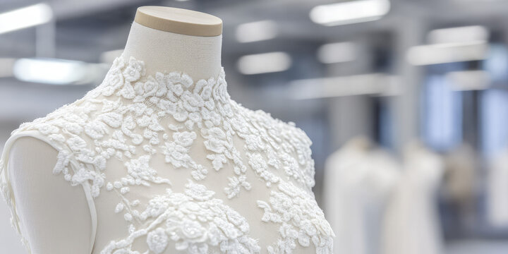 A dress mannequin displays a lace wedding dress in a bright room. Bridal fashion design