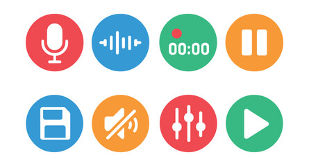 Fototapeta premium Flat vector icons of audio recording apps in circular style: mic icon, waveform preview, recording timer, pause button, file save, noise reduction, format settings, playback control.