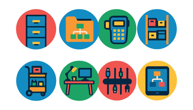 Flat vector icons of workplace organization in circular style: filing cabinet, project folder, label maker, storage shelf, supply cart, clean desk, cable organizer, digital workflow.