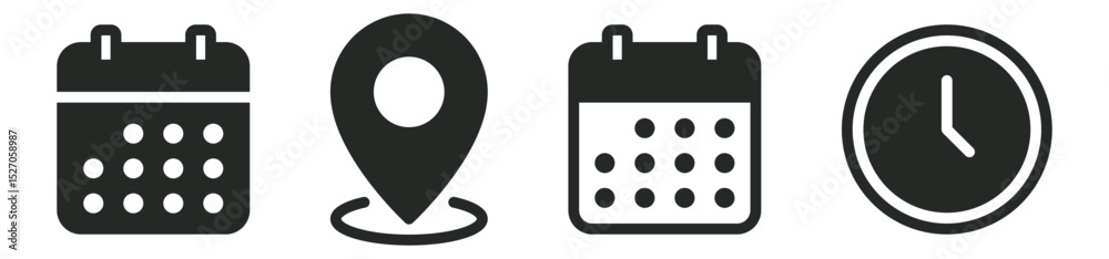 Poster Address location icon. Stopwatch timer icon. Date Calendar icon - Web icons set