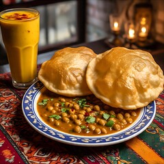 Delicious Indian Chole Bhature served with refreshing Mango Lassi. A classic combination.