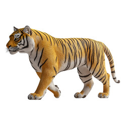 Obraz premium Side view of a golden South China tiger isolated on a white background, realistic depiction with detailed fur and stripes, ideal for wildlife, endangered species, and educational stock content