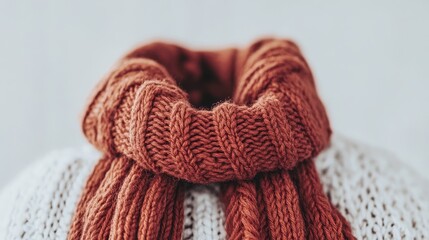 Close-up of a warm, rust-colored knitted scarf.