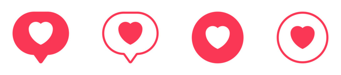 like and love icon button with heart speech bubble icons, red chat bubbles symbol social media post reaction icons - favorite hearts, social media, feedback, communication. Vector illustration