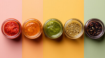 Assorted sauces in bowls on pastel background