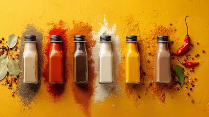 Assorted spices in glass bottles on yellow background