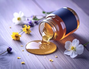 Open Honey Jar with Black Label Spilling on Wooden Table with flowers for mockup