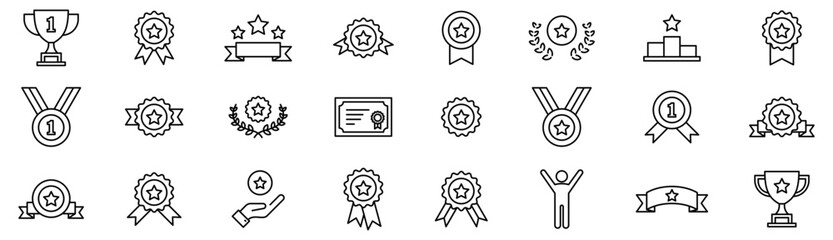 Award line icons set. Trophy or Victory cup, Winner medal prize icon. Vector Reward and Achievement linear icon collection set | Editable Stroke