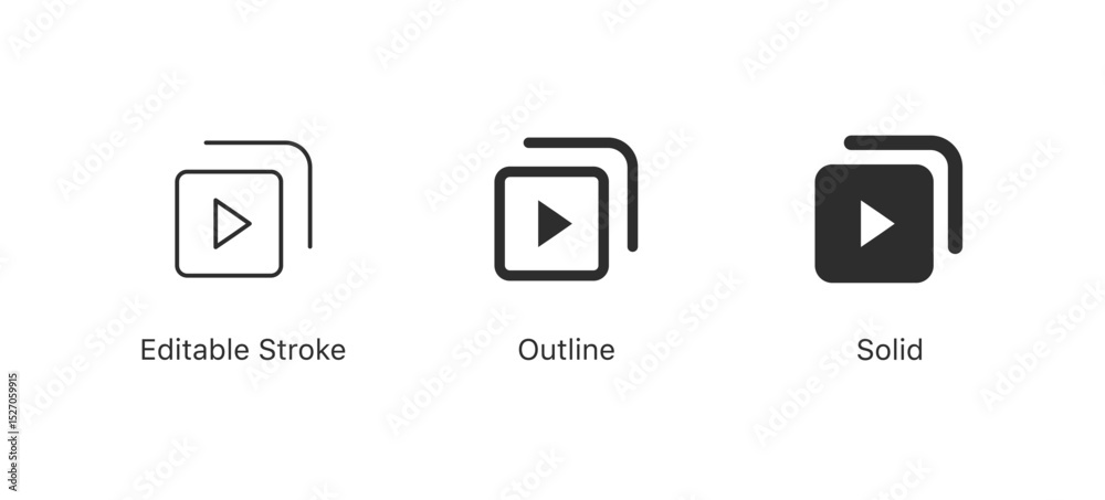 Poster video playlist icon. set of minimalist video play icons in editable stroke, outline, and filled styl