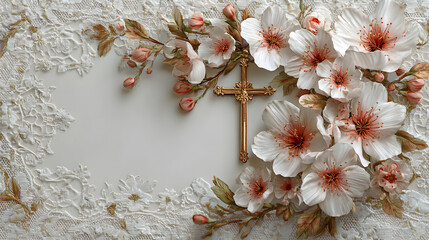 Elegant first communion invitation design with cross and floral lace decorations. Template with cross and flowers. Copy space. For wedding, baptism