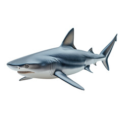 Naklejka premium Side view of a gray shark isolated on a white background, realistic marine predator with detailed body texture and anatomy, perfect for ocean life, wildlife, and educational stock photography