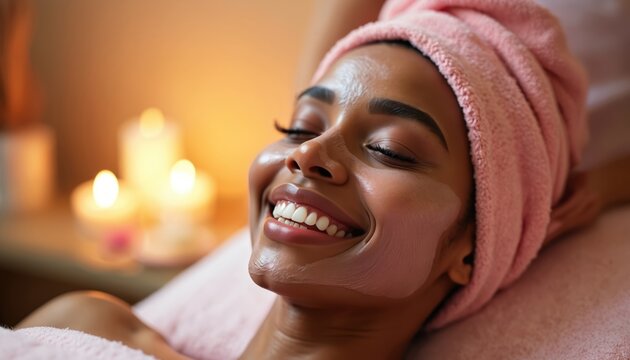 Happy black woman enjoys luxurious facial treatment in spa. Female client with face mask, towel, relaxing. Skincare beauty procedure. Rejuvenation therapy, candles, wellness, pampering.