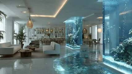 Luxurious modern living space with integrated aquarium design creating an immersive aquatic experience