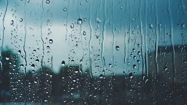 Raindrops flow and slide down a window on a dark, cloudy day. Atmospheric close-up.