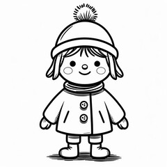 Black and white cartoon girl in winter attire