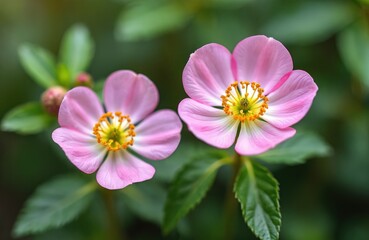 Fototapeta premium Close-up photo of pink flowers with yellow stamen, green leaves, on blurred background. Floral art for romantic, nature, eco themed projects. Beauty of blossoming petals. Botanical background. Floral
