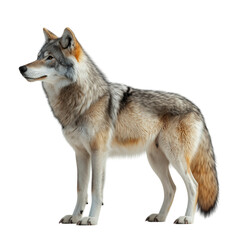 Fototapeta premium Side view of a gray wolf isolated on a white background, showcasing realistic fur detail, sharp features, and wild anatomy, perfect for nature, wildlife, educational, and zoological stock content
