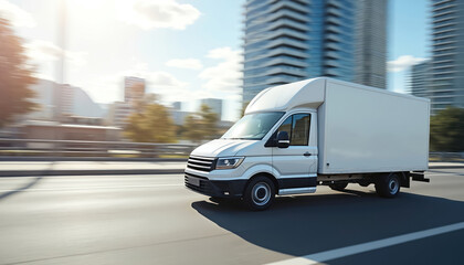 White delivery van rides on urban highway. Express delivery service. Fast shipping. Modern delivery truck with city skyscrapers background emphasizing speed, reliability.