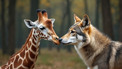 Giraffe, wolf touch noses in close-up. Symbol of Nonviolent Communication, compassion, understanding, empathy. Peaceful coexistence, animal behaviour. Nature portrait, wildlife, interaction.