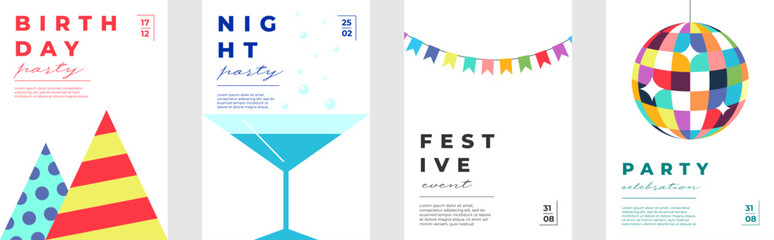 Fototapeta premium Bright birthday card and poster set with colorful garlands, cocktails and festive typography. Ideal for party invitations, celebration flyers or cheerful holiday greeting templates.