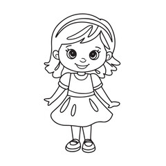 Fototapeta premium Cute Little Girl in Dress Line Drawing – Black and White Cartoon Illustration for Coloring Pages
