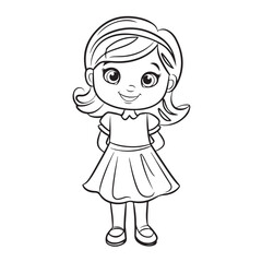 Fototapeta premium Cute Little Girl in Dress Line Drawing – Black and White Cartoon Illustration for Coloring Pages