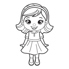 Cute Little Girl in Dress Line Drawing – Black and White Cartoon Illustration for Coloring Pages